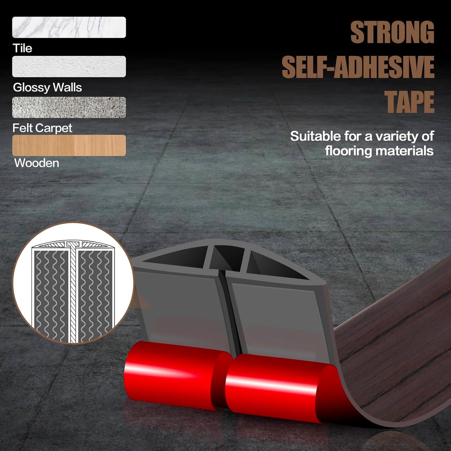 Floor Cord Cover Self Adhesive Cord Hider,3.3FT Cable Management, Extension Strip Protector for Wires, Prevent Cable Trips for Offices, Gyms, Exhibitions Cavity:0.51"(W) x 0.3"(H) Black Wood