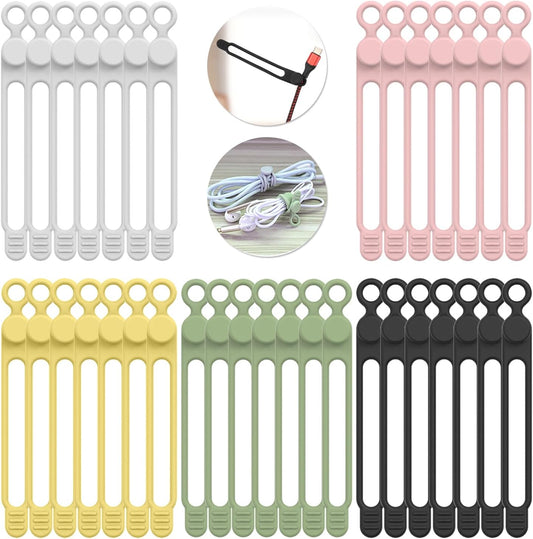 35pcs Silicone Cable Ties,Reusable Cable Management Organizer, Wire Ties，Travel Cord Ties，Cord Organizer for Bundling Cable Cords in Home,Office,Kitchen,School(5 Colors)