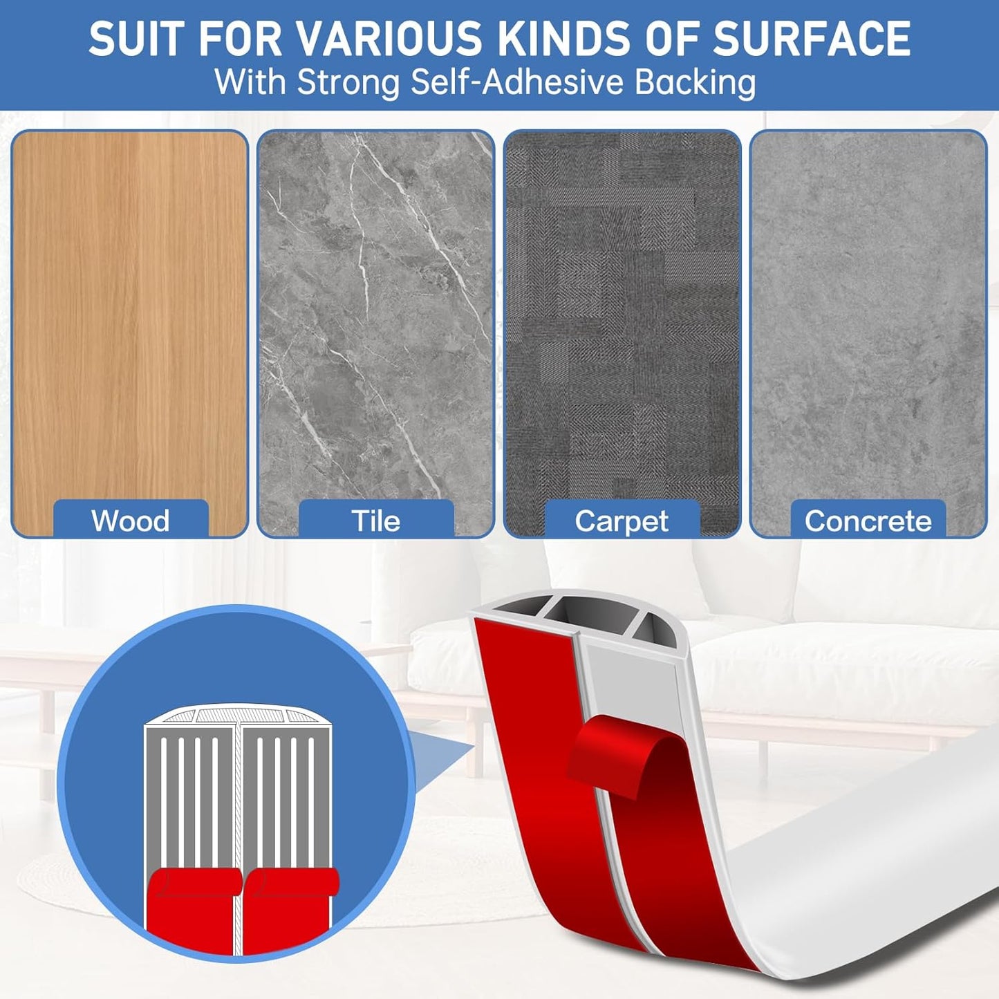 Floor Cord Cover Self Adhesive Cord Hider Floor Extension Cord Covers for Floor Power Cord Protector Cable Management Prevent Cable Trips Cable Cavity 0.51" W x 0.31" H (White, 10Ft)