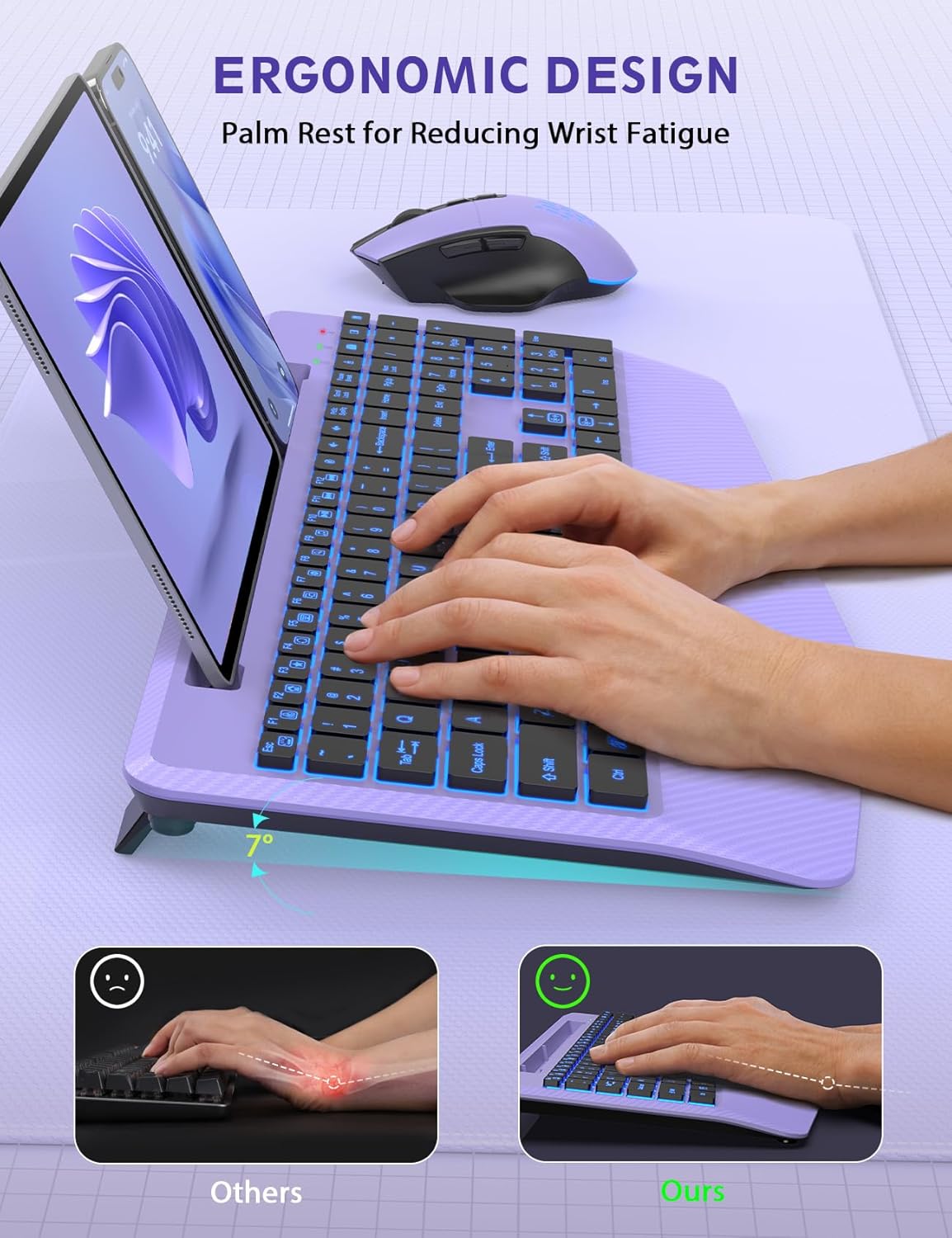 Wireless Keyboard and Mouse Backlits, Wrist Rest, LED Mouse, Rechargeable Ergonomic Keyboard with Phone Holder, Silent Light Up Combo for Computer, Mac, PC, Laptop, Chromebook (Purple)