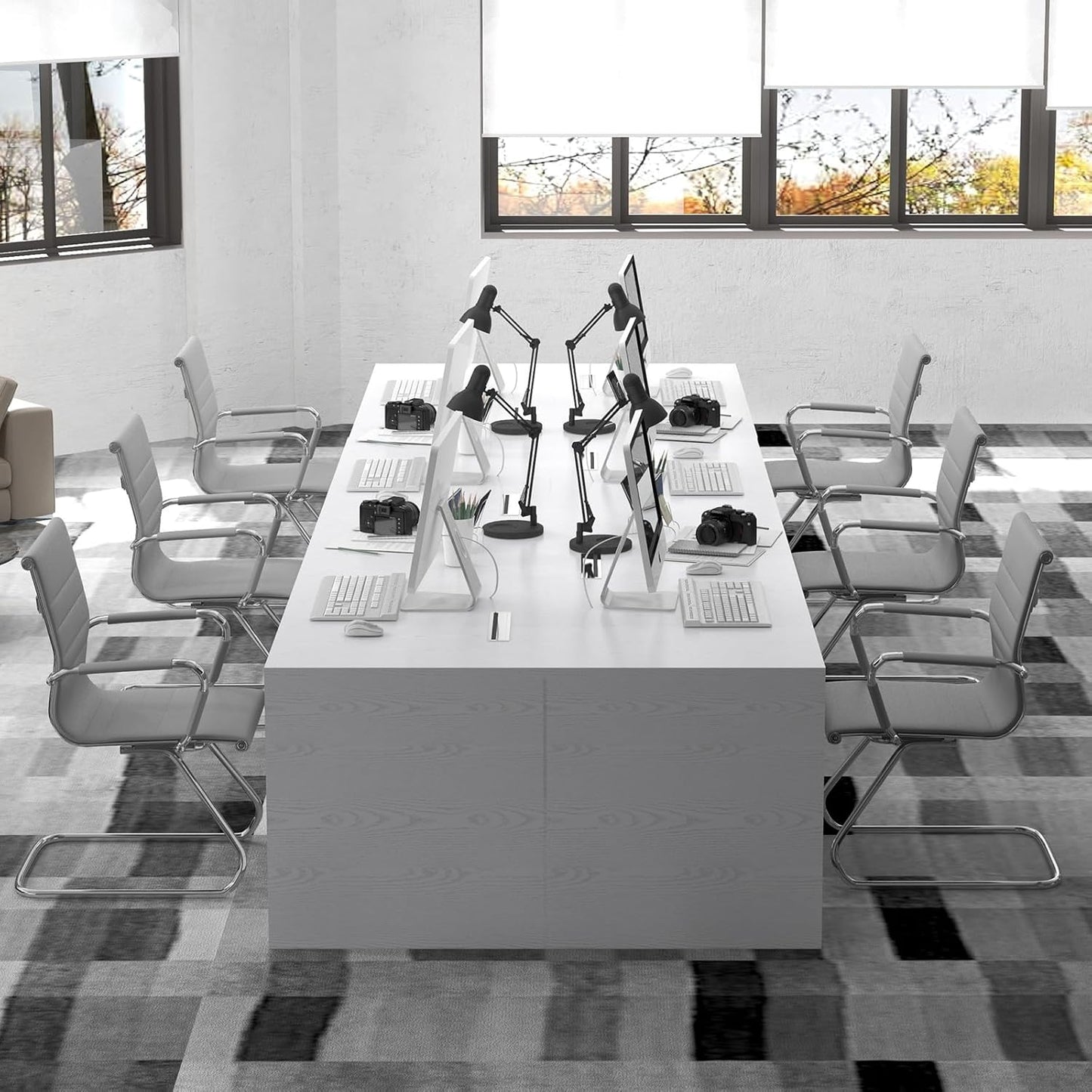 Office Desk Chair Set of 8,No Wheels PU Leather Computer Chairs Mid Back Guest Chairs with Seld Base for School/Reception/Conference/Waiting Room,Grey