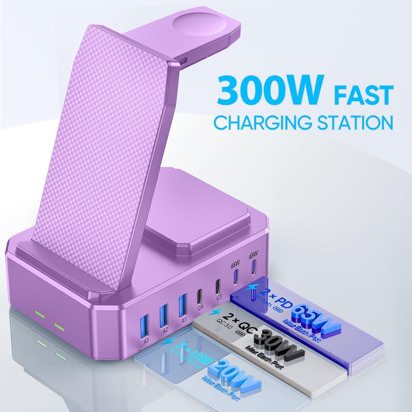 300W Charging Station for Multiple Devices Apple, Zutspzss 10 in 1 Wireless Charger for iPhone 16, GaN III USB C 65W PD Fast Charging Stand Dock for MacBook, Apple Watch&Airpods,Purple
