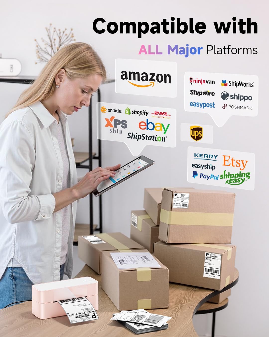 Bluetooth Thermal Label Printer Pink, Wireless 4x6 Thermal Shipping Printer Pink for Small Business & Shipping Package, Desktop Printing, Compatible with Amazon, Ebay, Shopify, Etsy, USPS