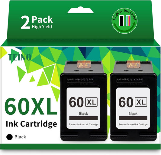TEINO 60XL 60 Black Ink Cartridge Remanufactured Ink Cartridge Replacement for HP Ink 60 60XL for HP PhotoSmart C4680 C4780 C4795 C4640 D110 DeskJet F4480 F4440 F2430 F4280 Envy 100 110 120 (2 Black)