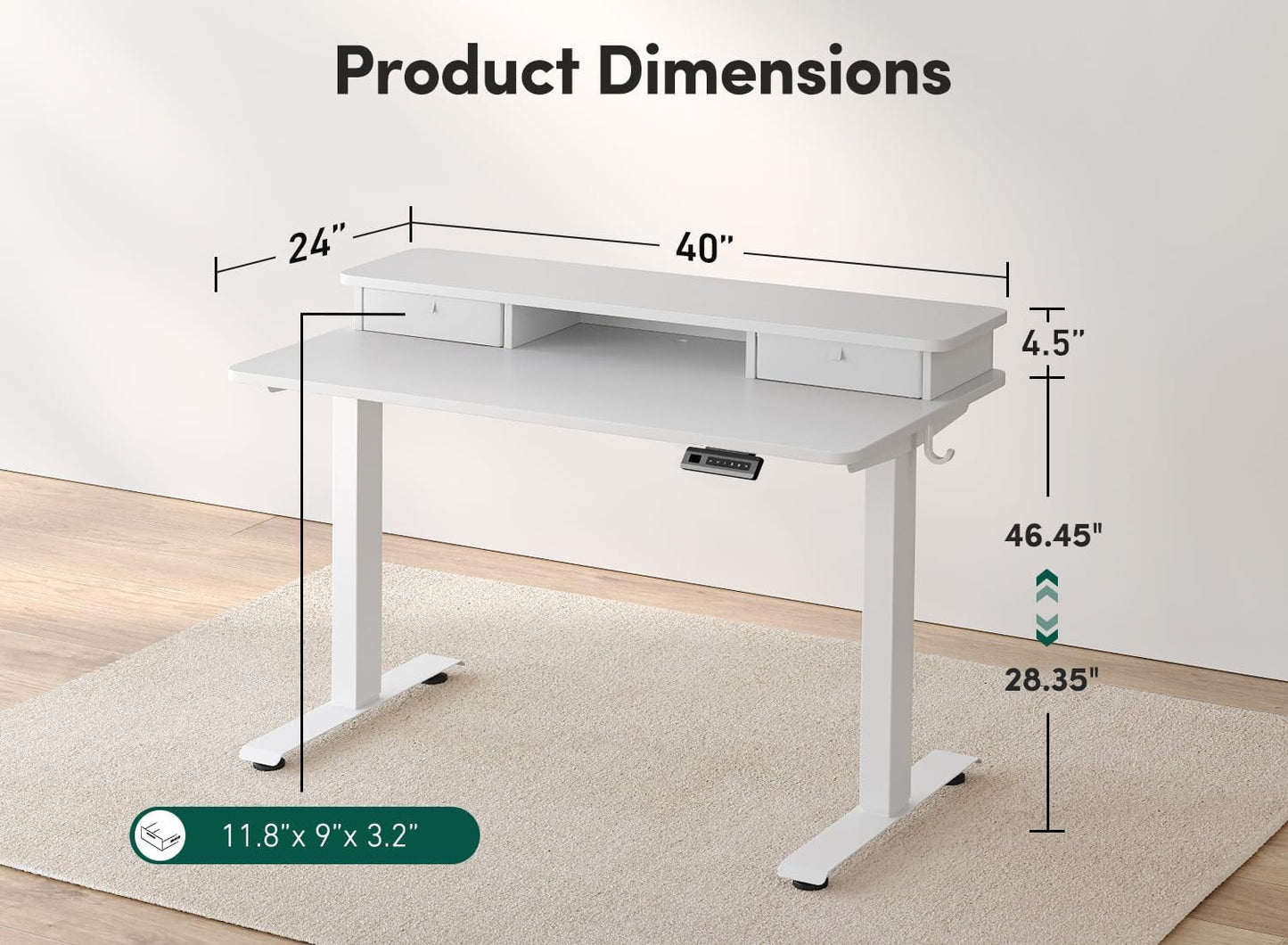 FEZIBO 40 x 24 Inch Height Adjustable Electric Standing Desk with Double Drawer, Computer Desk, Home Office Stand Up Table with 4 Height-Adjustable Feets & 2 Hooks, White