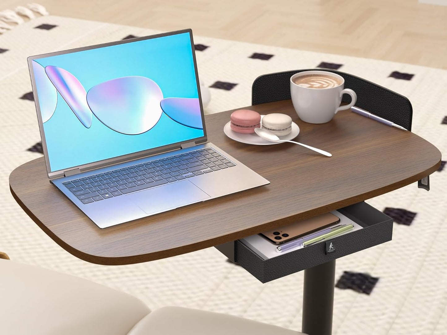 Pneumatic Mobile Standing Desk with Drawer, 28"-43" Height Adjustable, Rolling Desk with Leather Fence & 360° Wheels, for Home/Office (Left/Right Convertible), Dark Walnut