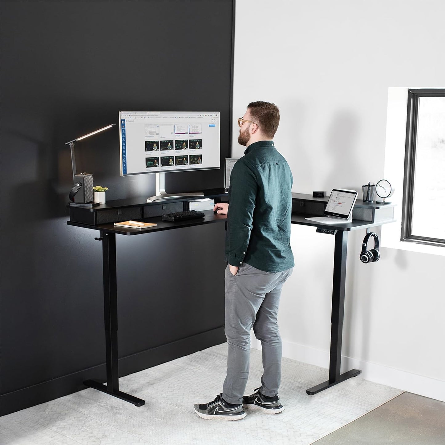 VIVO Electric 2-Tier Corner L-Shaped 63 x 55 inch Standing Desk, Height Adjustable, Memory Controller, Black Top Black Frame, Dark Gray Drawers, DESK-E3CVB