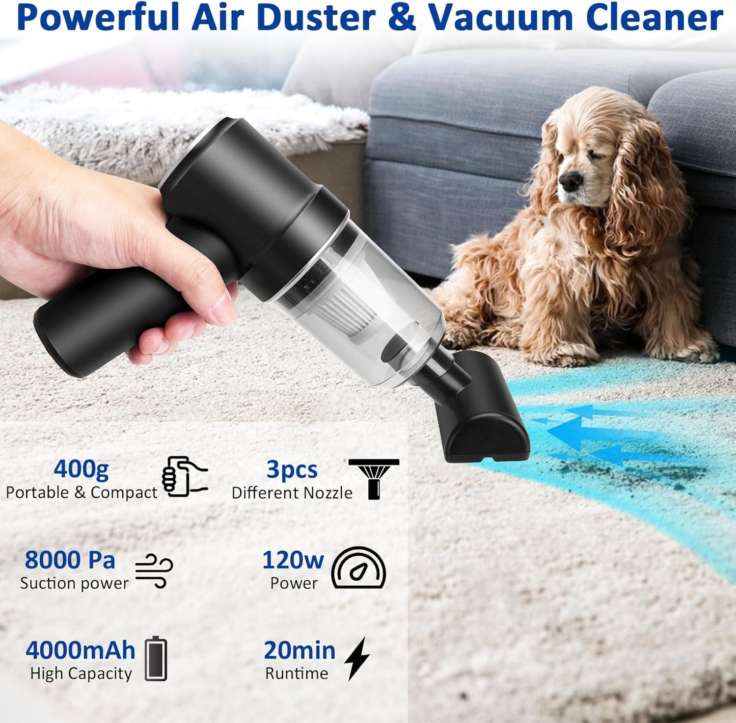 8Kpa Mini Handheld Vacuum Cleaner,120W High Power Cordless Car Vacuum, 2 in 1 Keyboard Vacuum & Air Duster with LED Light & Multi-Nozzles for Car, Computer, Sewing Machine