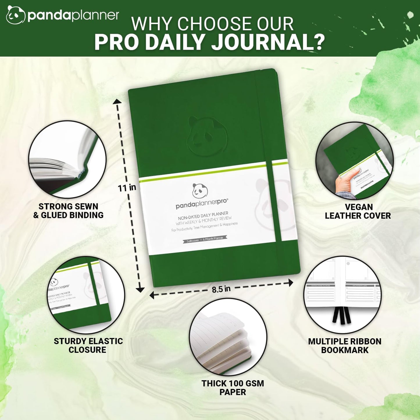 Panda Planner Pro 2025-2026 – Undated Productivity Planner with Daily, Weekly & Monthly Layouts – Large 8.5x11 Goal Tracker, Habit Planner, Time Management & Focus Organizer – Dark Green