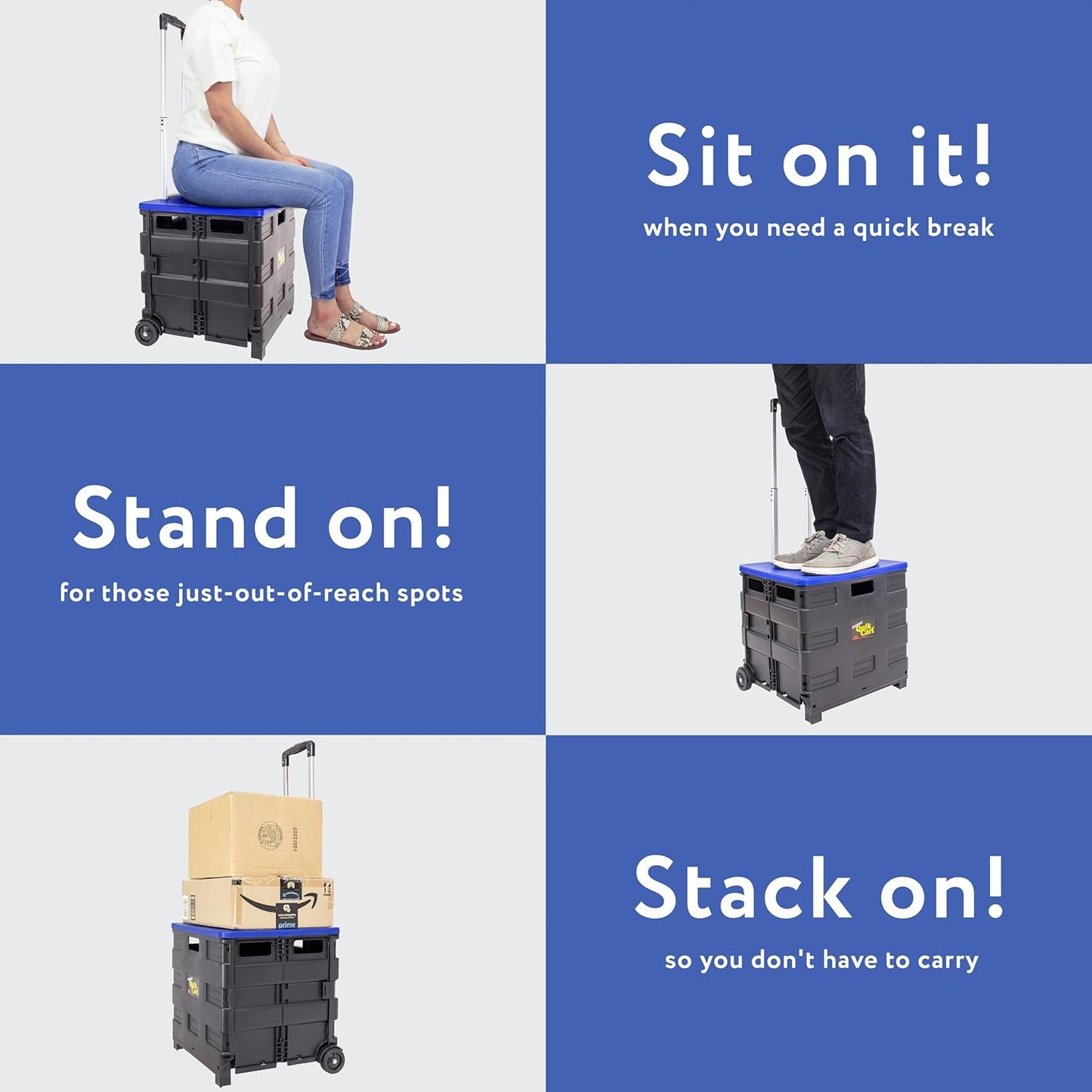 dbest products Quik Cart Collapsible Rolling Crate on Wheels for Teachers Tote Basket, 80 lbs Capacity, Blue Lid Made from Heavy Duty Plastic and used as a Seat