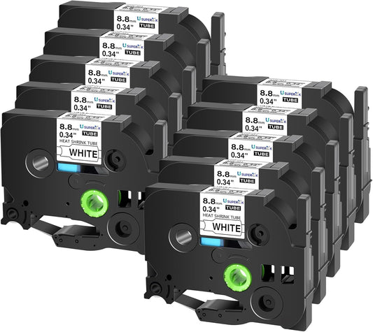 10PK Compatible for Ptouch HSe-221 HSe221 HS-221 HS221 Black on White 8.8mm 0.34'' Heat Shrink Tubing for Wire Cable for PT-D200 PT-D215e PT-D201 PT-D210 Label Maker Tape