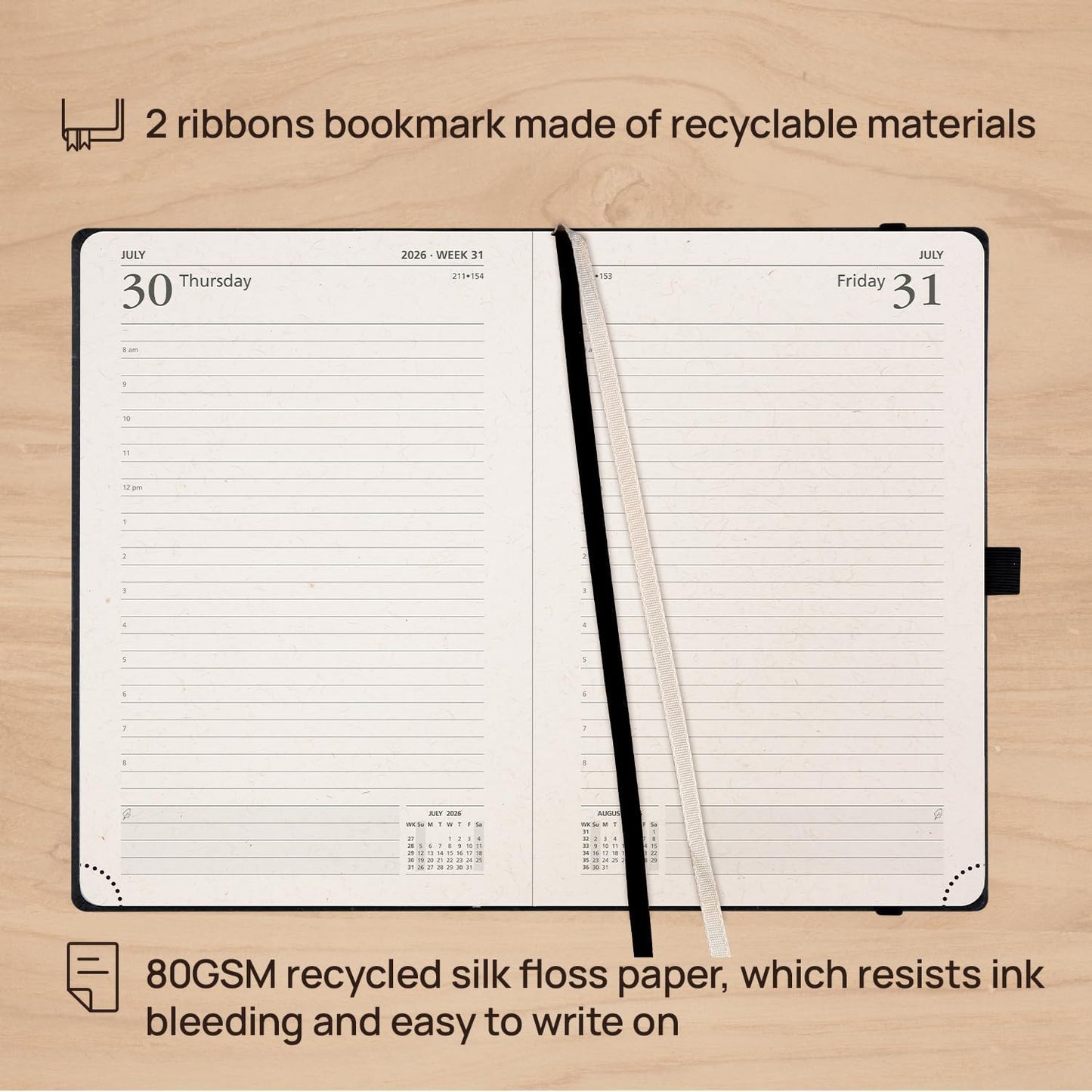 POPRUN 2026 Recycled Daily Planner 12 Months (A5 Medium Size 5.75'' x 8.5'') - One Page Per Day Calendar Hourly Appointment Book with Italian Regenrated Leather, Monthly Tabs, Pocket - Desert Brown