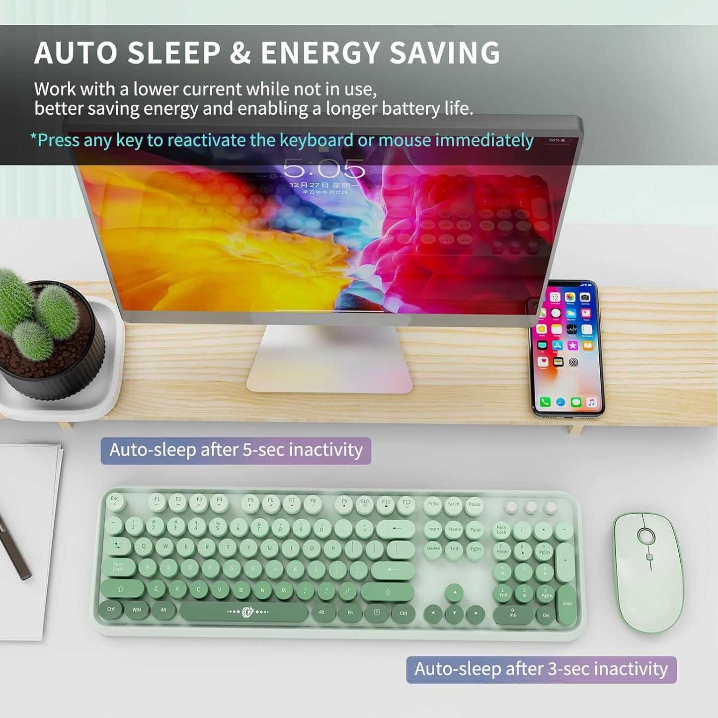 FOPETT Wireless Keyboard and Mouse Combo - 2.4G Full-Sized Cute Colorful Mouse and Keyboard with 104 Round Keys Retro Typewriter Keyboard for Laptop/Windows/PC - Green Gradient