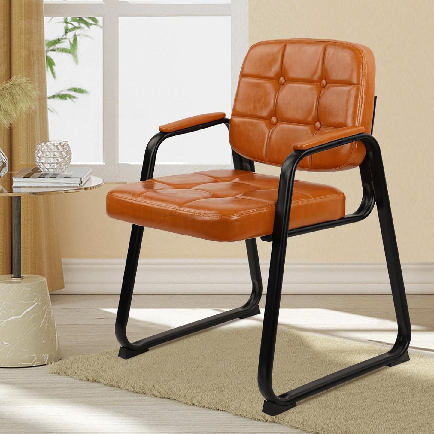 CLATINA Office Guest Chair, Leather Reception Chairs with Padded Arms, Desk Chair No Wheels Stationary for Conference Lobby Waiting Room Training Side Elderly, Orange