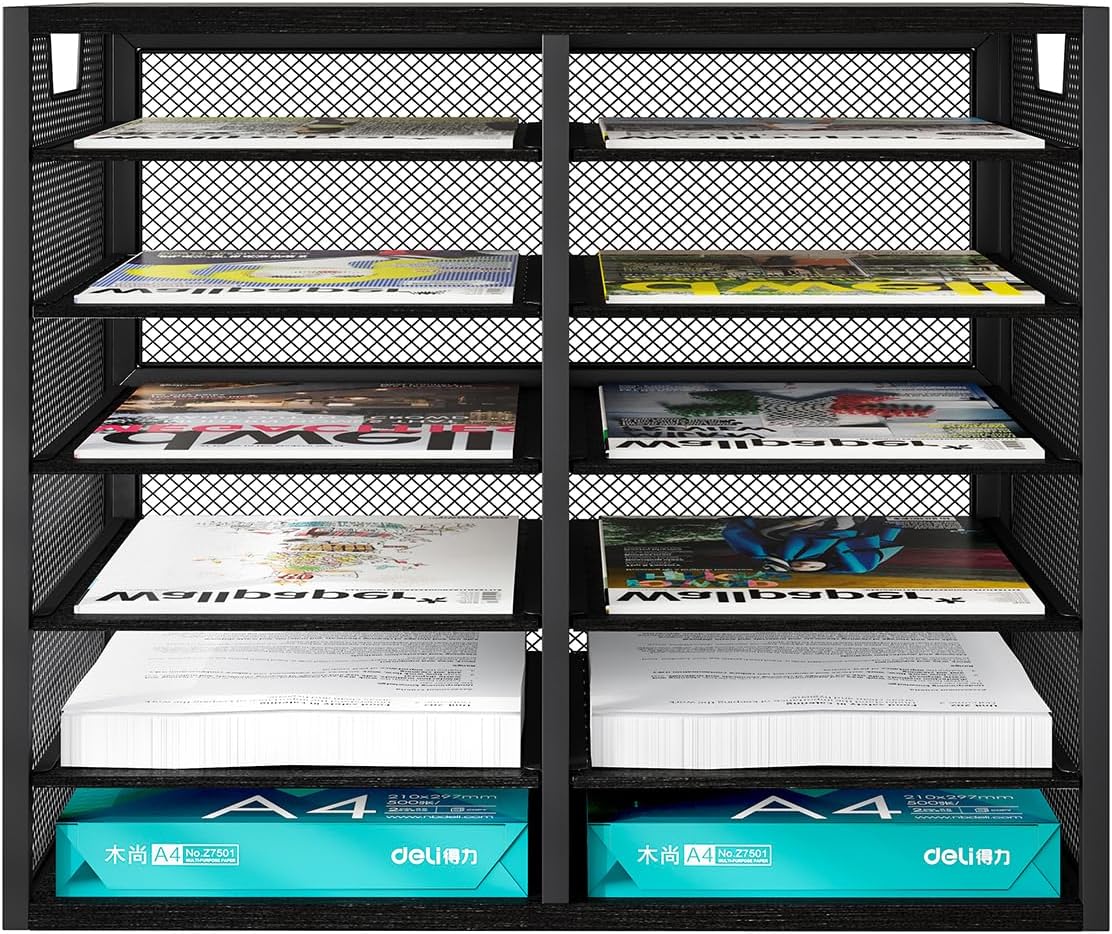 PAG Mass Mail Holder, Adjustable Countertop Literature Organizer, Student Mailbox, Desktop Bill Paper Organizer, 12 Compartments, Black