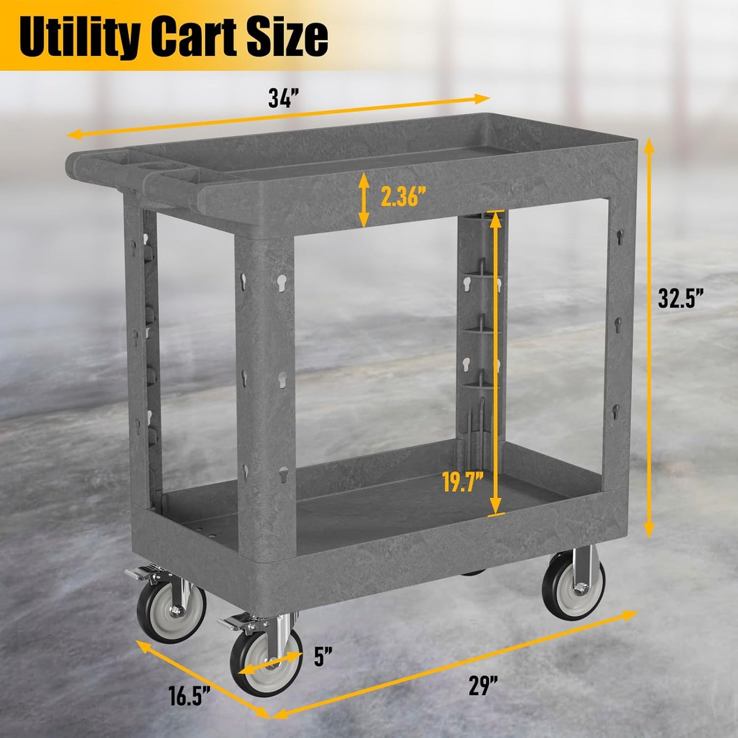 Service Utility Plastic Tool Cart, 34 x 17-Inch Rolling Cart with Deep 2-Shelf Heavy Duty Wheels, 550 lbs Capacity Organizer for Garage, Warehouse, Workshop