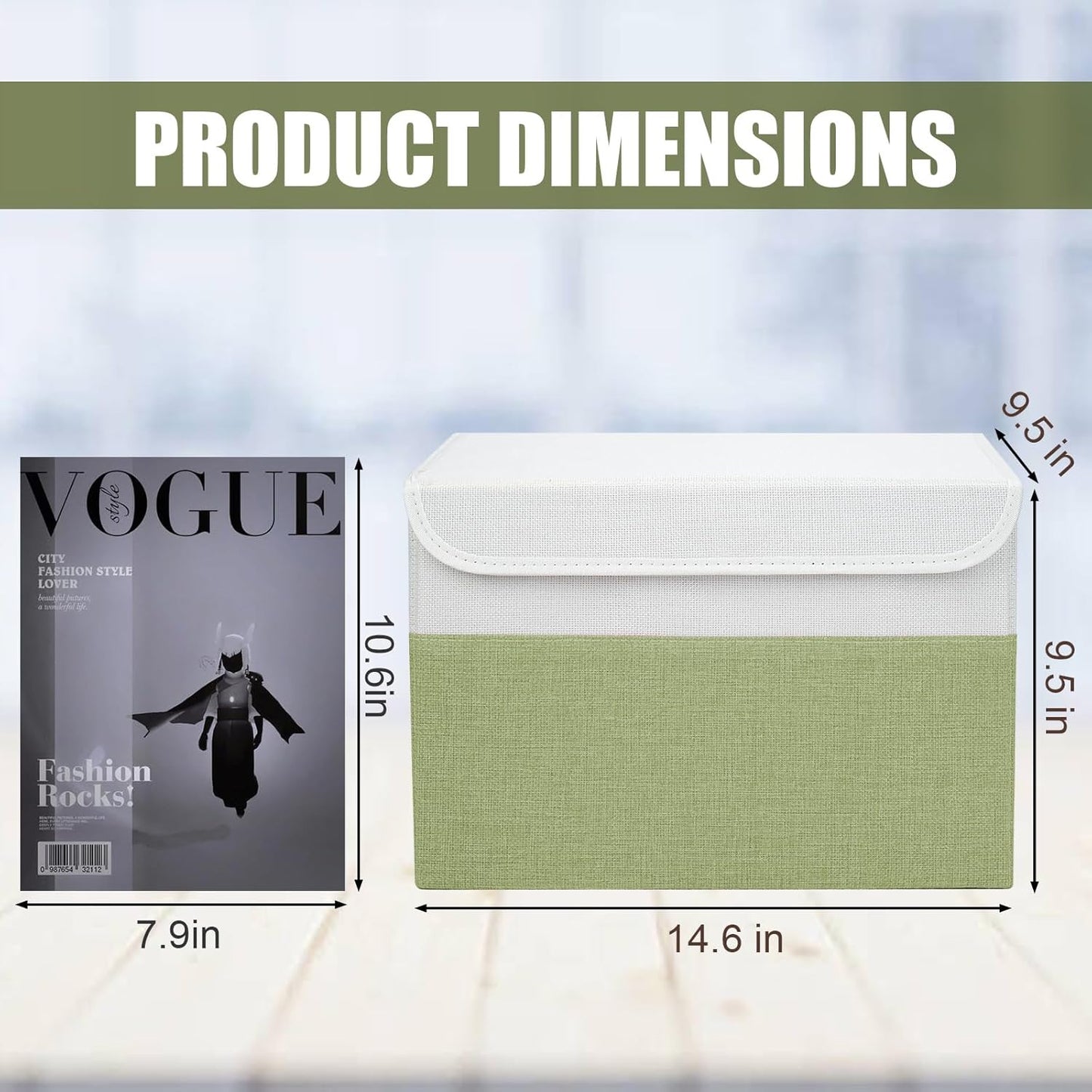 Large 22 Quart Linen Fabric Foldable Storage Bin Cube Organizer Basket with Flip-Top Lid & Handles, Clothes Blanket Box for Home, Office, Closet, Green & White, 4 Pack 14.6 x 9.5 x 9.5