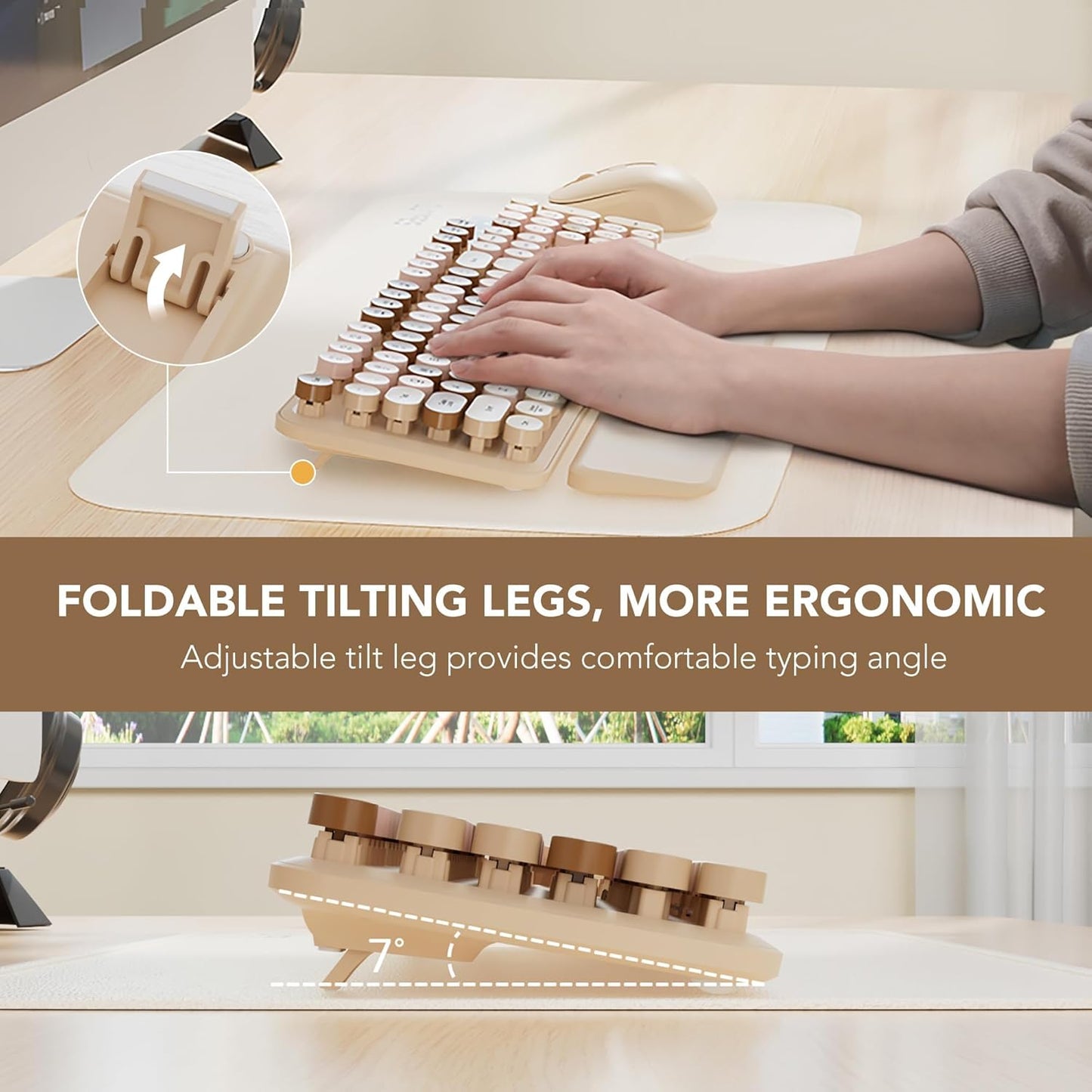 Wireless Keyboard and Mouse Combo, Round Keycaps, Full-Size Retro Typewriter Keyboard with Detachable Wrist Rest, Sleep Mode & Tilt Legs, 2.4GHz Cordless Connection for Mac/Windows/PC (Latte)