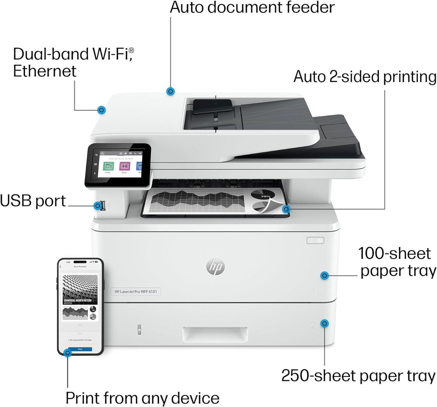 HP LaserJet Pro MFP 4101fdw Wireless Black & White All-in-One Laser Printer, Scanner, Copier, Fax, Best-for-Office (2Z619F)