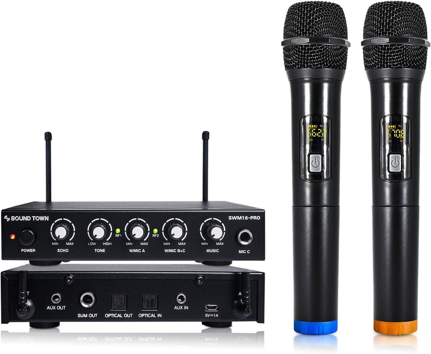 Sound Town 16 Channels Wireless Microphone Karaoke Mixer System with Optical (Toslink), AUX and 2 Handheld Microphones - Supports Smart TV, Home Theater, Sound Bar (SWM16-PRO)