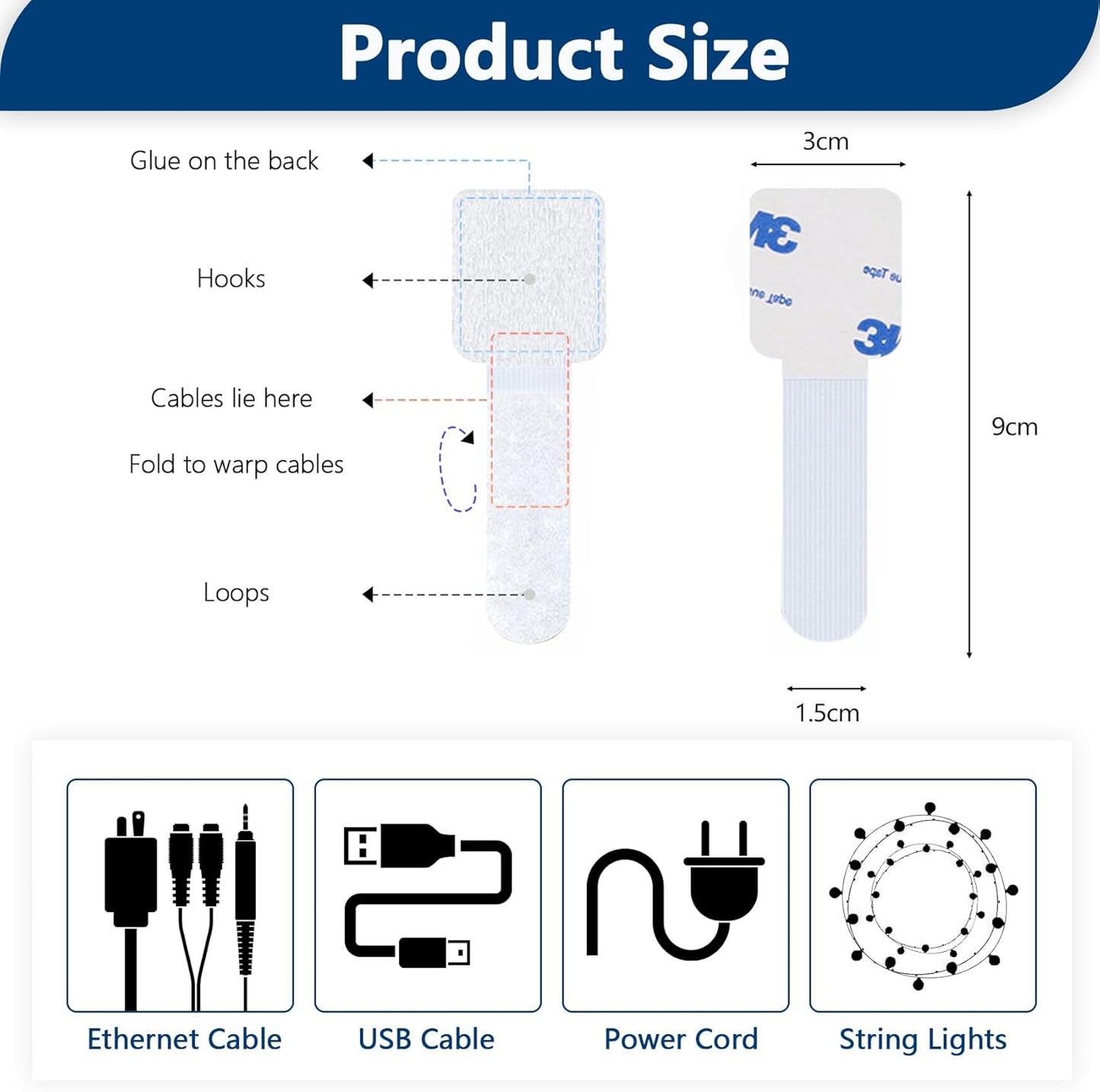50 PCS Hook and Loop Cable Ties, Under Desk Cable Management, Self Adhesive Cable Clips Straps, Sticky-Back Cord Organizer, Wire Organizer for TV PC Laptop Ethernet Desktop, White