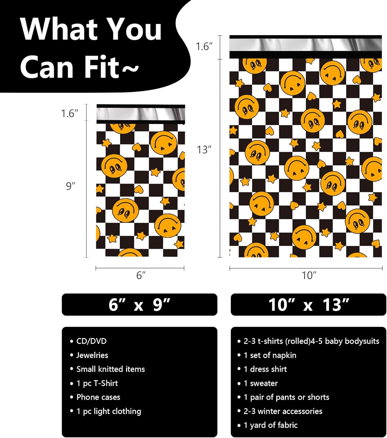 Poly Mailers 6x9 Inch 100 Pcs - Smiles Checkerboard Printed Shipping Bags, 2.4mil Thickness, Waterproof and Tear Resistant Mailing Envelopes, Self-Sealing Packaging Bags for Small Business