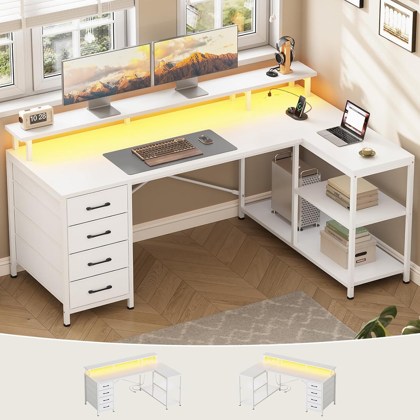 SEDETA L Shaped Desk with 4 Drawers and Storage Shelves, L Shaped Gaming Desk with LED Lights & Power Outlets, Computer Desk with Shelves & Drawer, Corner Desk Home Office Desk, White