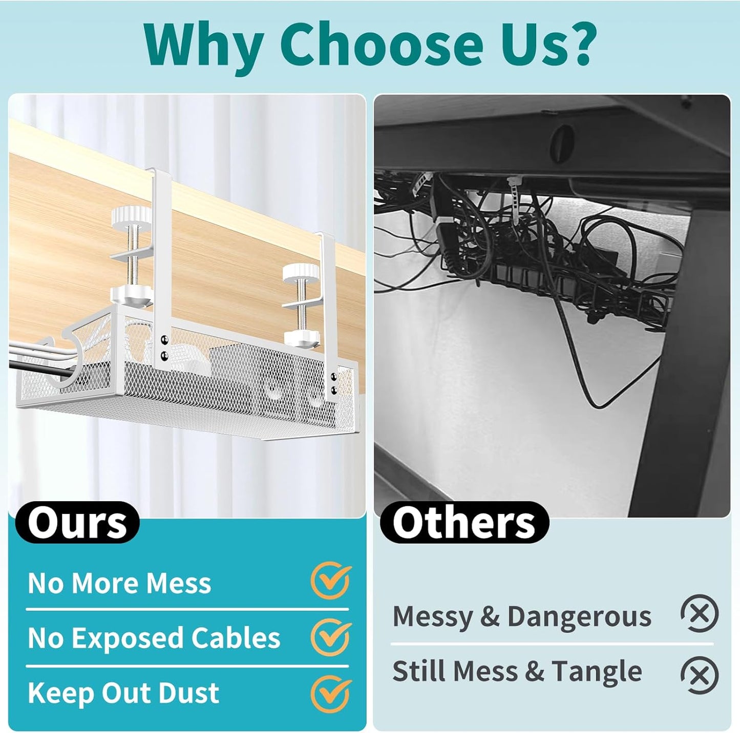 Under Desk Cable Tray White, No Drill Cable Organizer with Clamp for Wire Management, PC Cord Organizer & Workspace Accessories for Office, Home