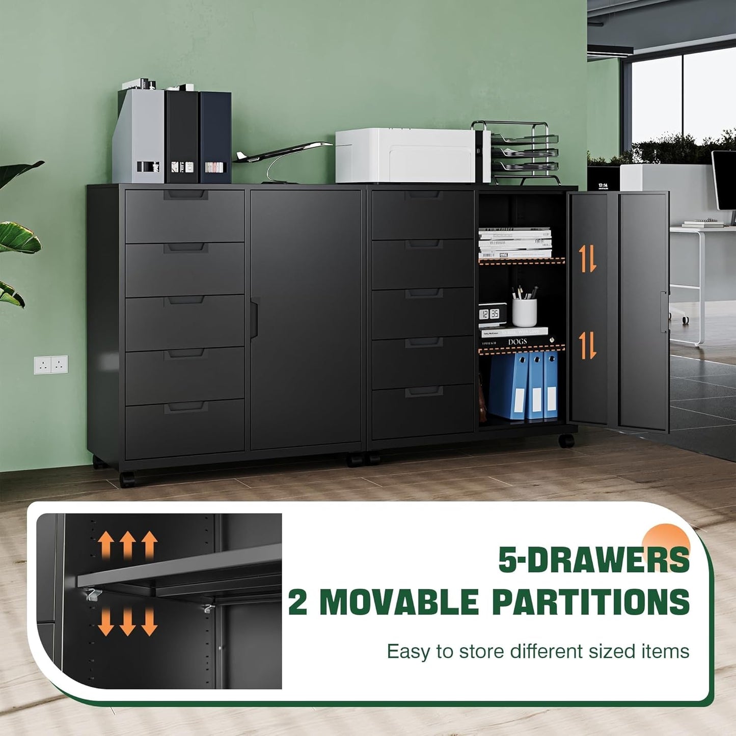 Letaya 5 Drawer Storage Cabinet, Mobile Printer Stand for Home Office,Dresser Chest with Shelves and Door(Black)