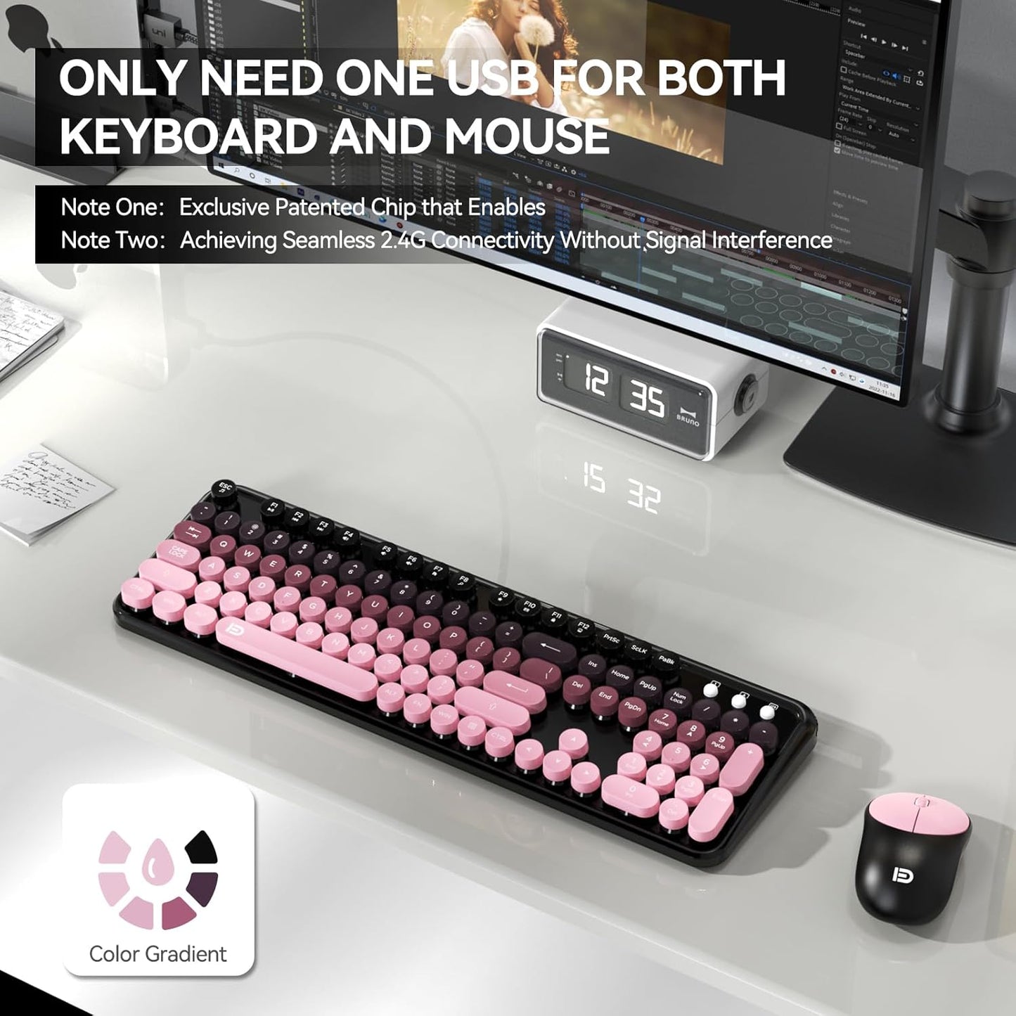 Wireless Keyboard and Mouse Combo, 2.4 GHz Wireless Full-Sized Typewriter Keyboard with Round Keycaps for Windows, Computer, Desktop, PC, Laptop (Pink)