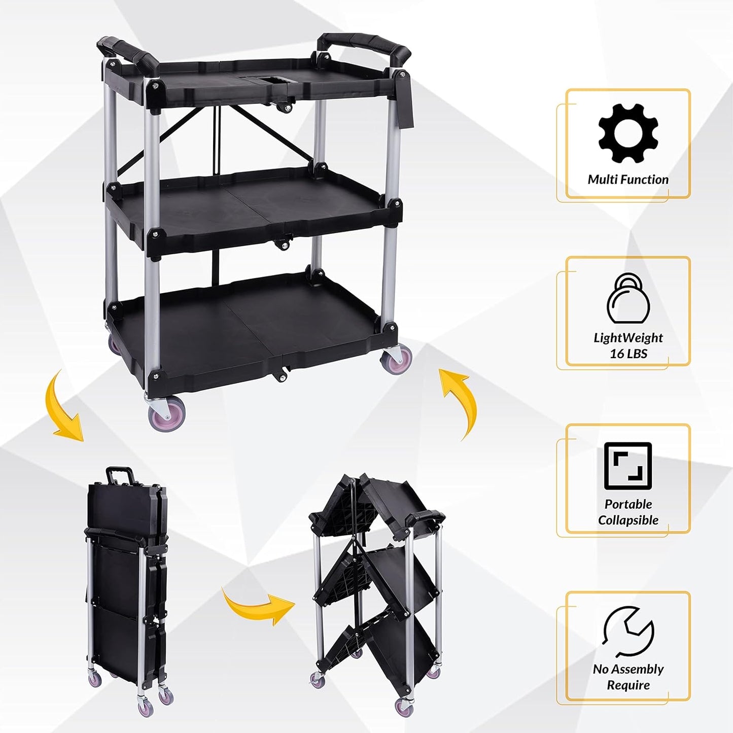 Folding Utility Cart, Portable Collapsible Service, 3 Shelf Heavy Duty Collapsible Tool with Wheels, Suitable for Office Warehouse Home, Black