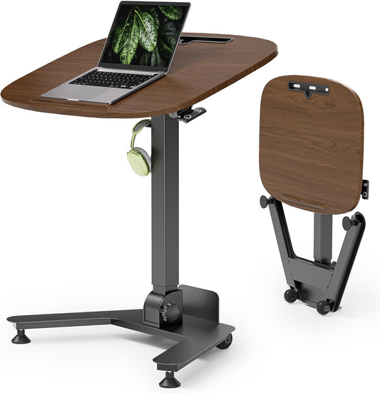 Folding Pneumatic Height Adjustable Mobile Standing Desk with 90° Tiltable Tabletop, 27.2x18.9 Inch Portable Laptop Desk with Wheels, Holds Up to 66.1lbs for Home Office, Black Walnut