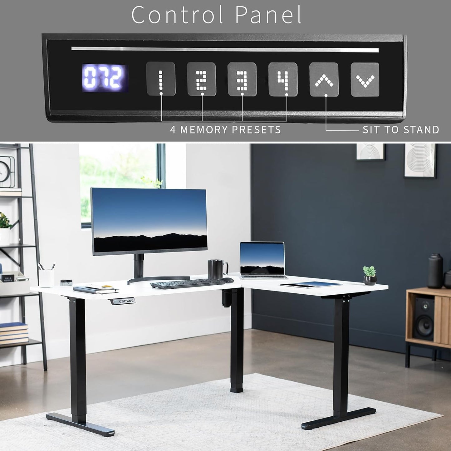 VIVO Electric Corner L-Shaped 63 x 47 in Standing Desk, Memory Height Adjustment, White Top Black Frame, DESK-E3CTBW-47