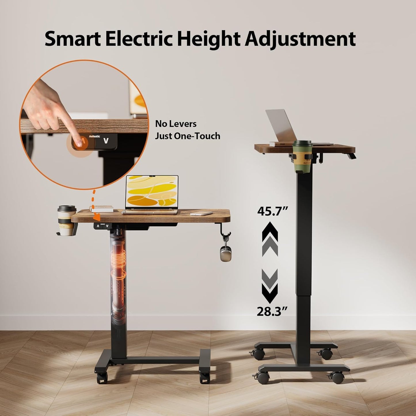 Agilestic Portable Standing Desk Height Adjustable, Mobile Table with Wheels, Small Size Sit Stand Table for Laptops, Rolling Desk for Home, 26" x 15.7"Computer Workstation, Rustic Brown