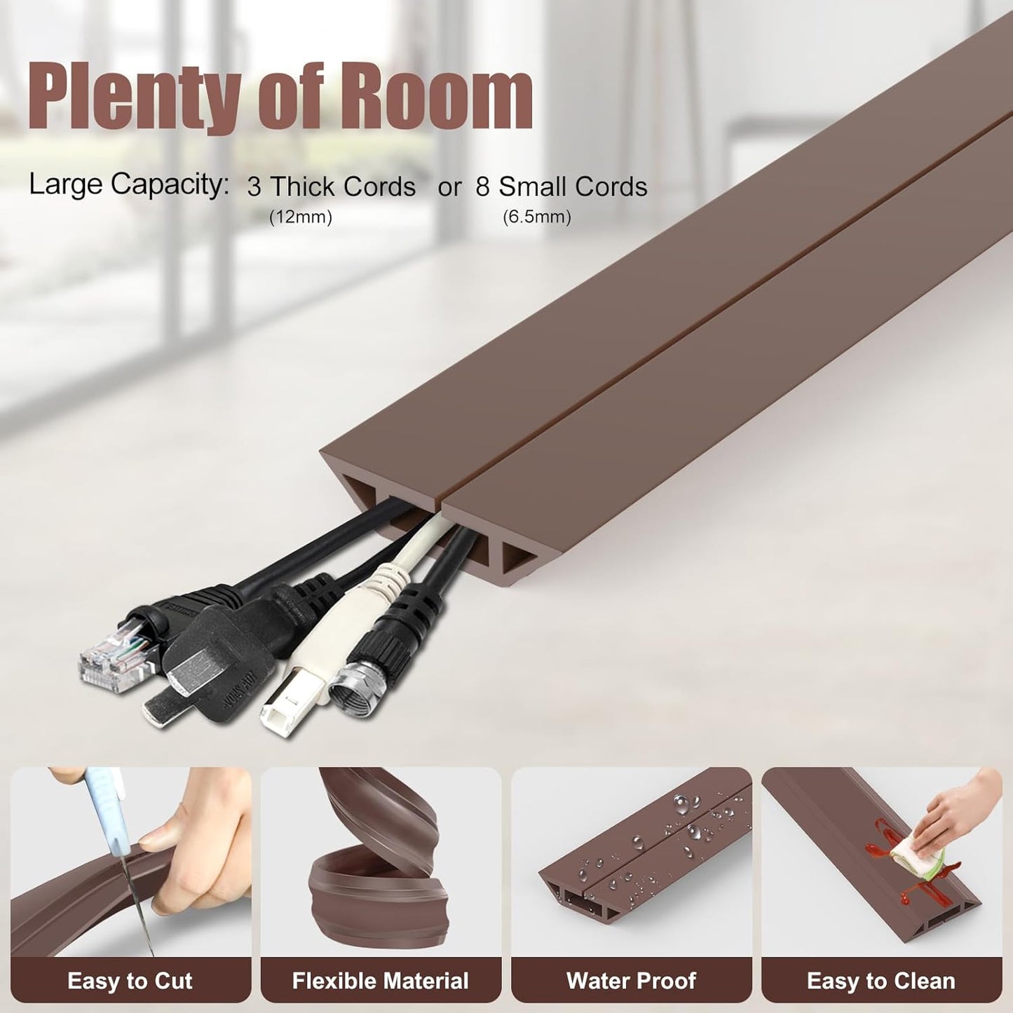 Eapele 10 ft Floor Cord Cover Heavy Duty Cable Protector, Cord Covers for Wires on Floor, Floor Cable Cover Easy to Unroll Prevent Trip Hazard for Home Office or Outdoor Settings (Brown)