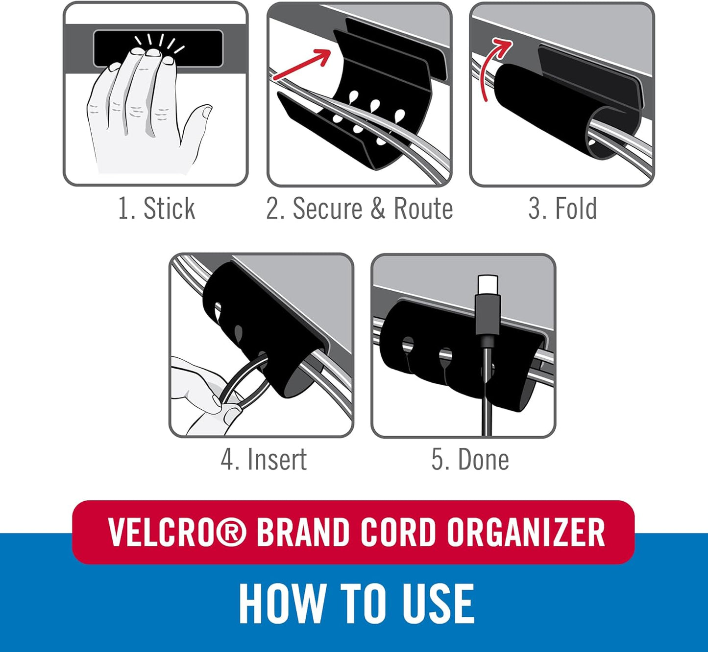 VELCRO Brand Cord Organizer for Desk Cable Management, Nightstand Organization, Unique Dual Function Cable Sleeve Cord Keepers Combo, Holds Wires for Easy Access, Route to Hide, Medium 2pk Black