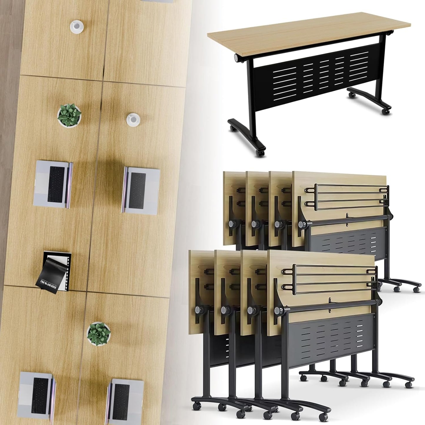 Folding Conference Room Table, Modern Conference Tables with Wheels, Large Rectangular Mobile Training Tables for Office Classroom, Foldable Modular Boardroom Seminar Table Maple (8pack L55.1in)