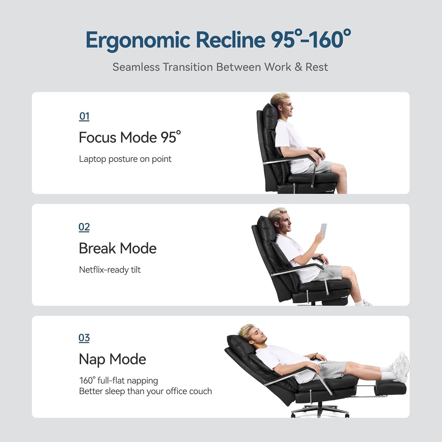 Reclining Office Chair with Footrest - 25.6" Wide Seat & Adjustable Seat Depth, Big and Tall High Back Leather Executive Home Office Desk Chair 400lbs, Black