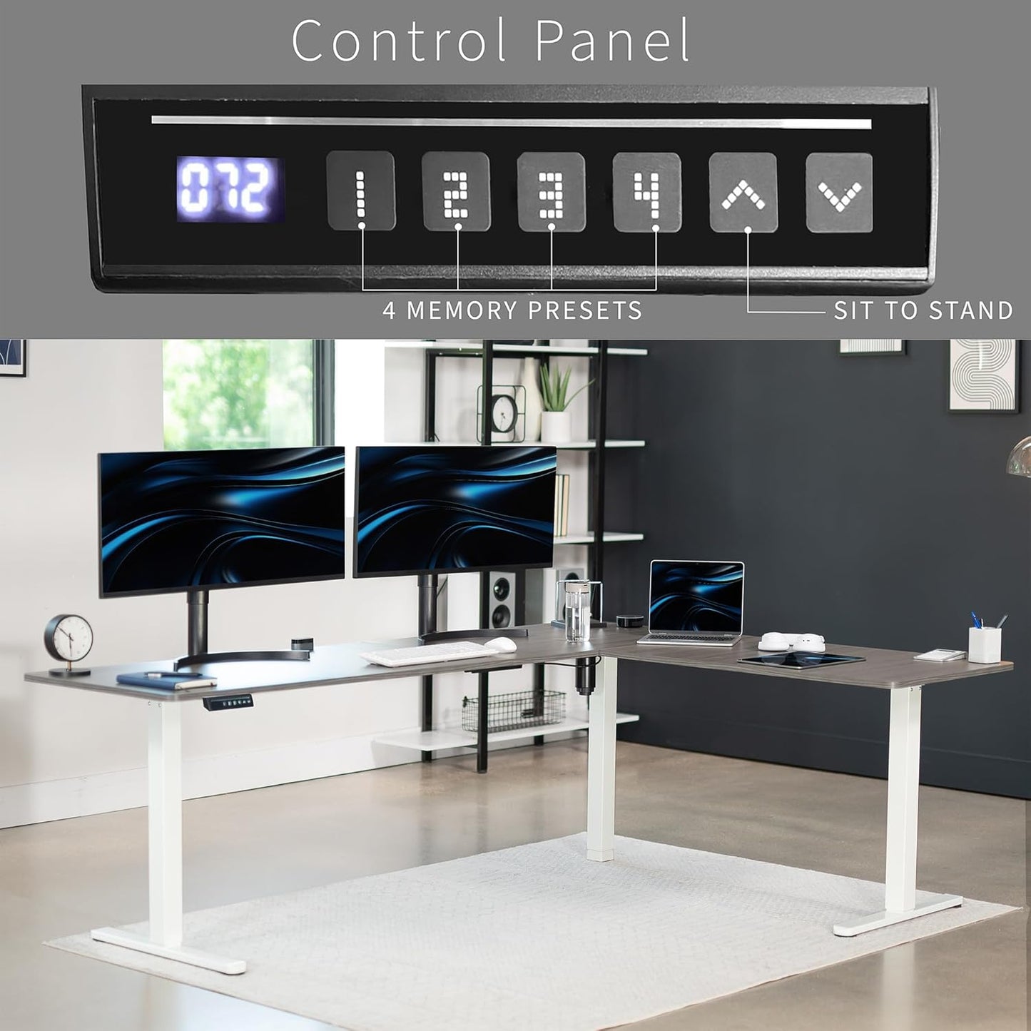 VIVO Electric Corner L-Shaped 84 x 63 in Standing Desk, Memory Height Adjustment, Dark Gray Top White Frame, DESK-E3CTWG-84