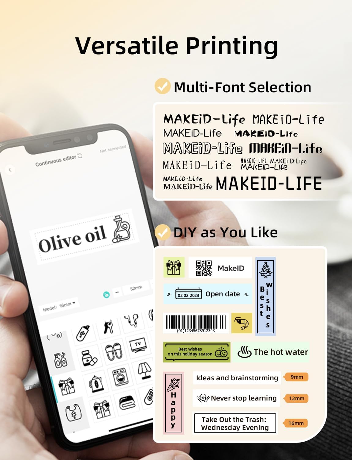 Makeid L1 Label Maker Machine with Tape Includes 3 Label Tapes - Portable & Rechargeable Label Makers Compatible with 9 12 16mm Tape - Mini Bluetooth Labeler for Organizing Office Home School