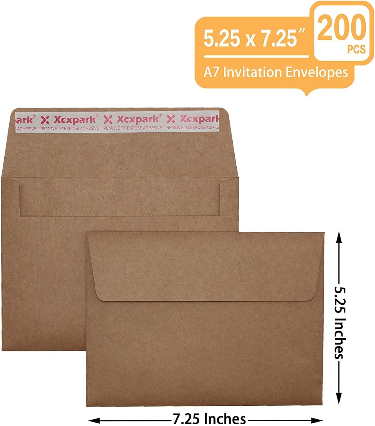 200 Qty Printable A7 Invitation Envelopes 5.25 x 7.25, Self Seal 120GSM Brown Kraft Paper Envelopes for Invitations, Papers, Photos, Documents, Wedding, Baby Shower, Easy to Seal