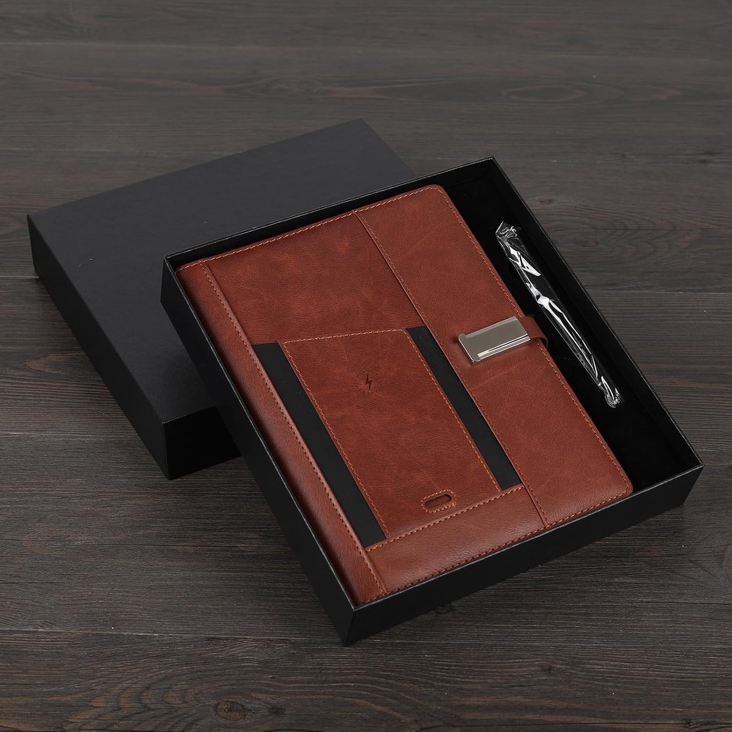 Notebooks for Work Leather&Refillable Notebook with Book Light,Traveler Notebook with 8000mAh Power Bank,Card Holder,16G Thumb Drive,Provide Pen and Gift Box,Business,School,Travel