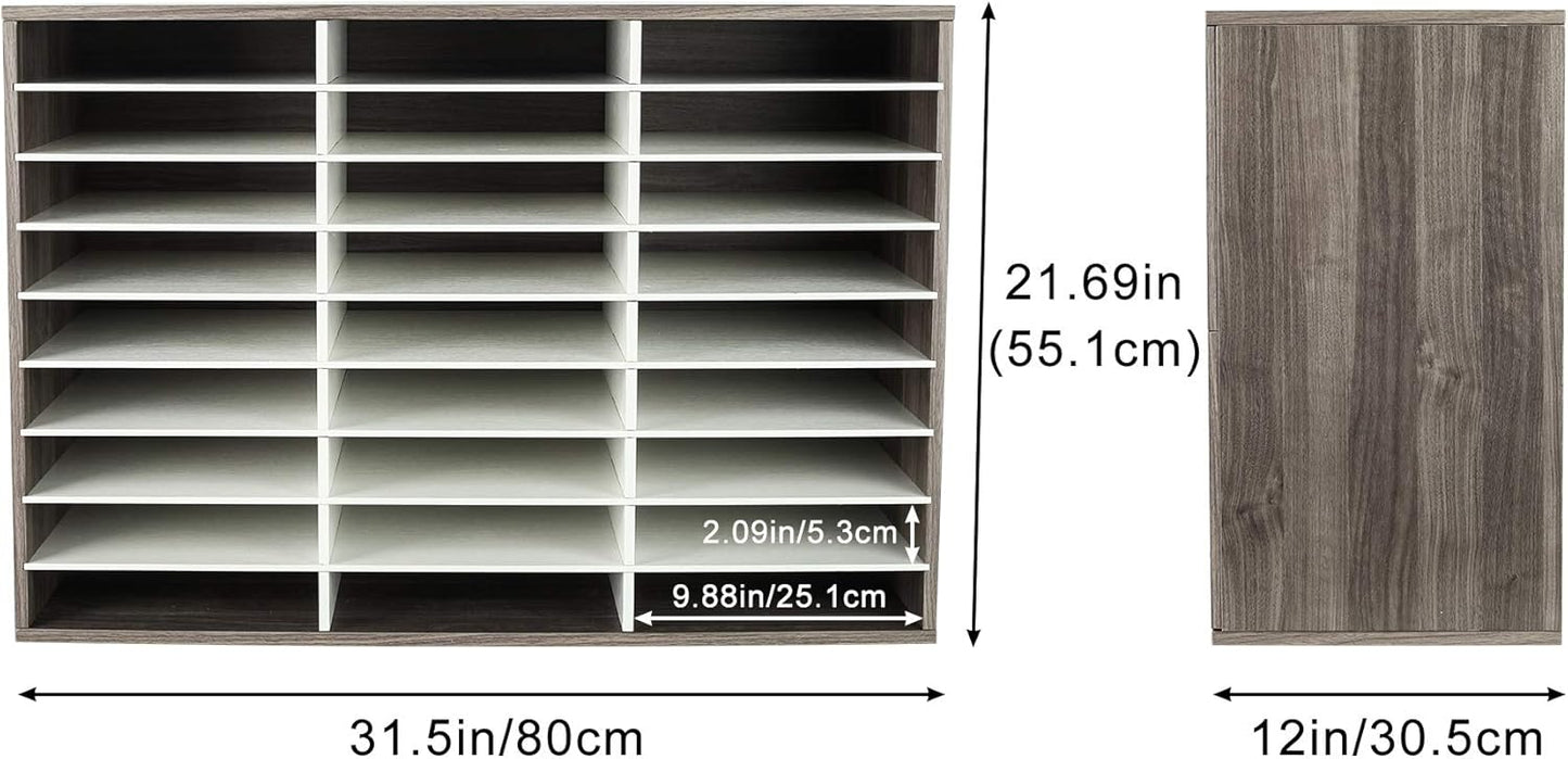 TQVAI Wood Adjustable Literature Organizer Desktop File Sorter Mail Center Paper Storage Cabinet Home & Office Mailbox School Classroom Keepers, 27 Slots Compartments, Retro Grey/White
