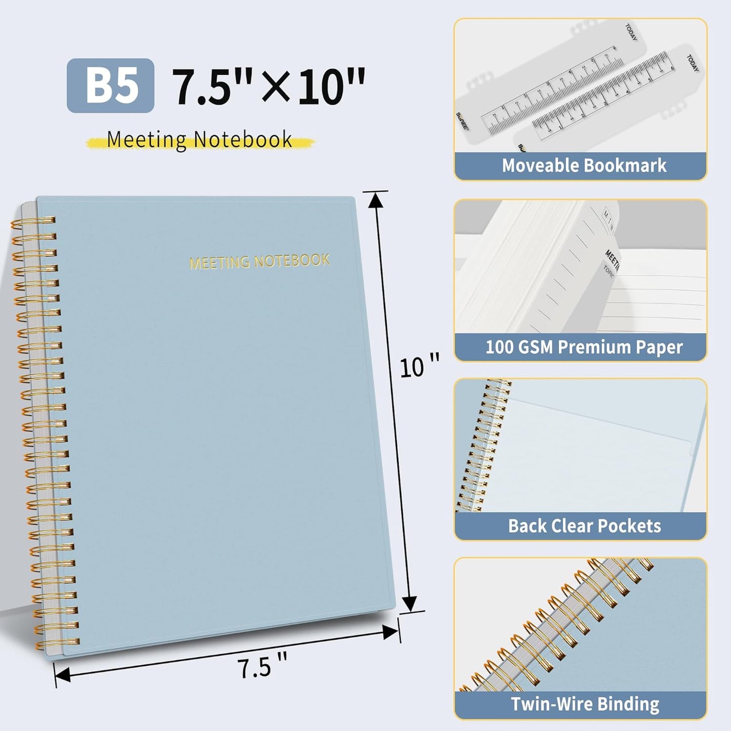 SUNEE Half Meeting Half Note - 7.5"x10" Professional Notebooks for Work - 160 Pages, B5 Size Project Planner, Spiral Meeting Agenda/Minutes Organizer for Women Men, Note Taking, Office & Business
