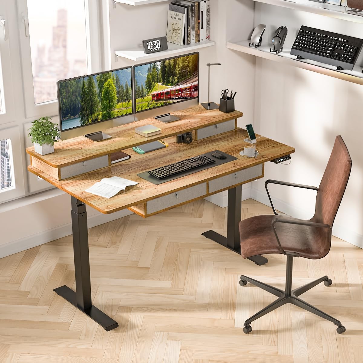 Standing Desk with Fast Charging USB Ports, 55" x 30" Height Adjustable Home Office & Gaming Desk, Sit Stand Desk with Built-in Storage Shelf, Hook & Ergonomic Design(Light Rustic)