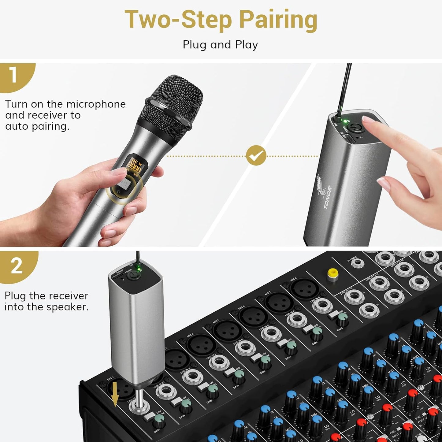 TONOR Wireless Microphones, UHF Dual Cordless Metal Dynamic Mic System with Rechargeable Receiver, for Karaoke Singing, Wedding, DJ, Party, Speech, Church, Class Use, 200ft TW630 Silver