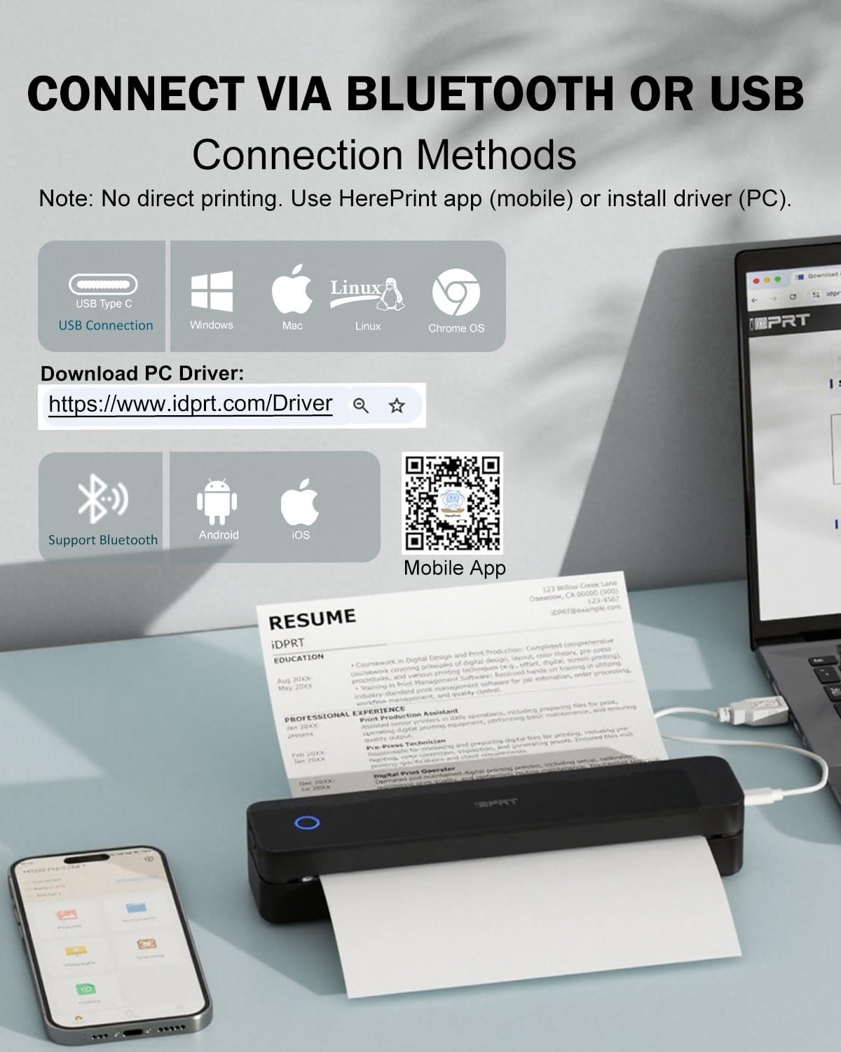 iDPRT Inkless Portable Printer for Travel, 300DPI Wireless Thermal Printer Support 8.5 x 11 Inch US Letter, A4, Small Bluetooth Printers Compatible with iOS, Android Laptop for Office Car Home, Black