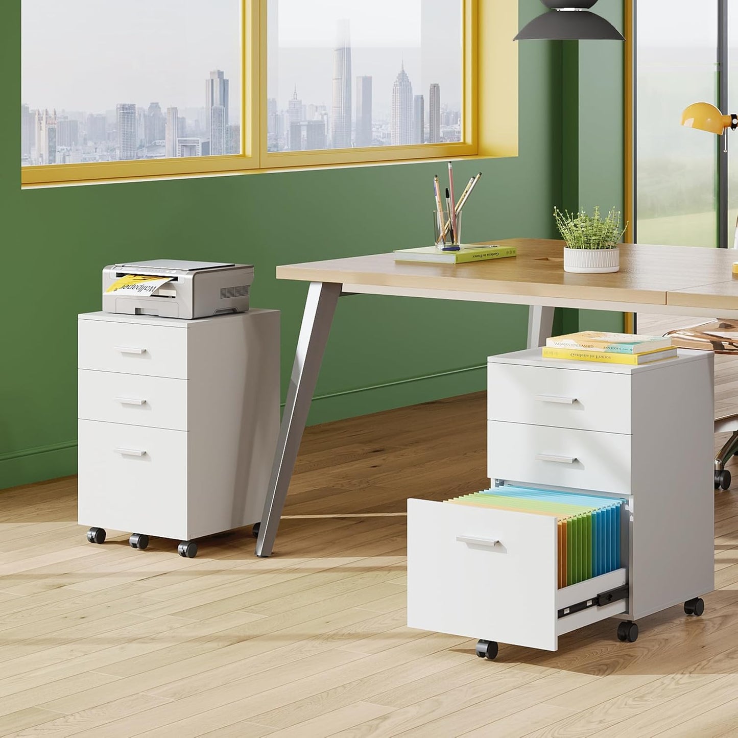 DEVAISE 3 Drawer Wood Mobile File Cabinet, Rolling Filing Cabinet for Letter/A4 Size, White