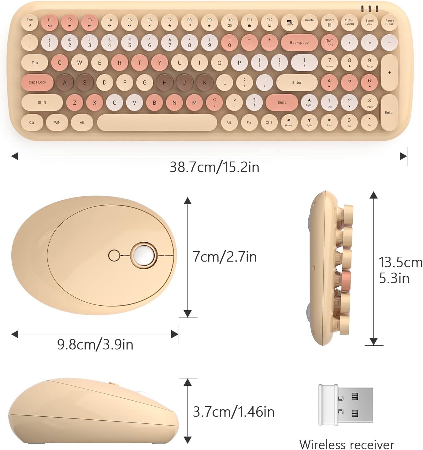 Wireless Keyboard and Mouse Combo, MOWUX - Modern Compact Layout, Colorful Compact Candy Mouse and Retro Round Keyboard Set with Cover, for PC/Laptop/Windows/Mac - Milk-Tea Colorful