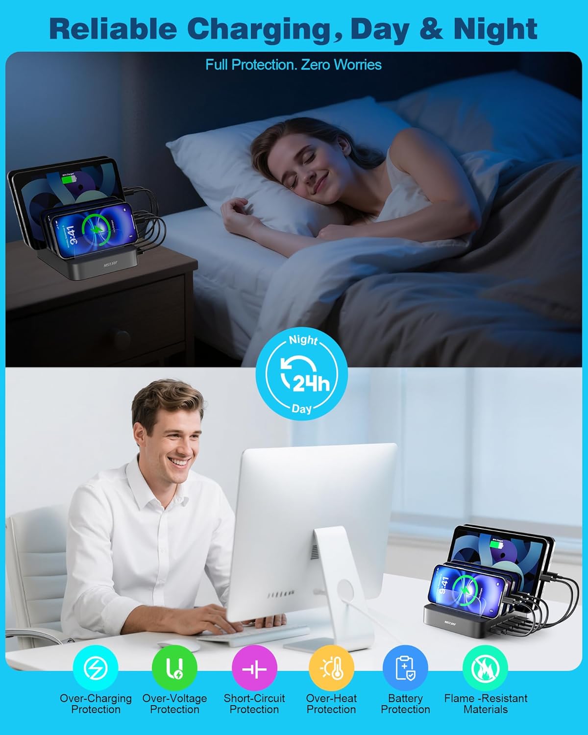 MSTJRY Charging Station for Multiple Devices : 5 Port Multi USB-A Charger Stations Multi-Device Organizer Charging Dock Designed for iPhone iPad Cell Phone Tablets (7 Short Cables Included), Gray